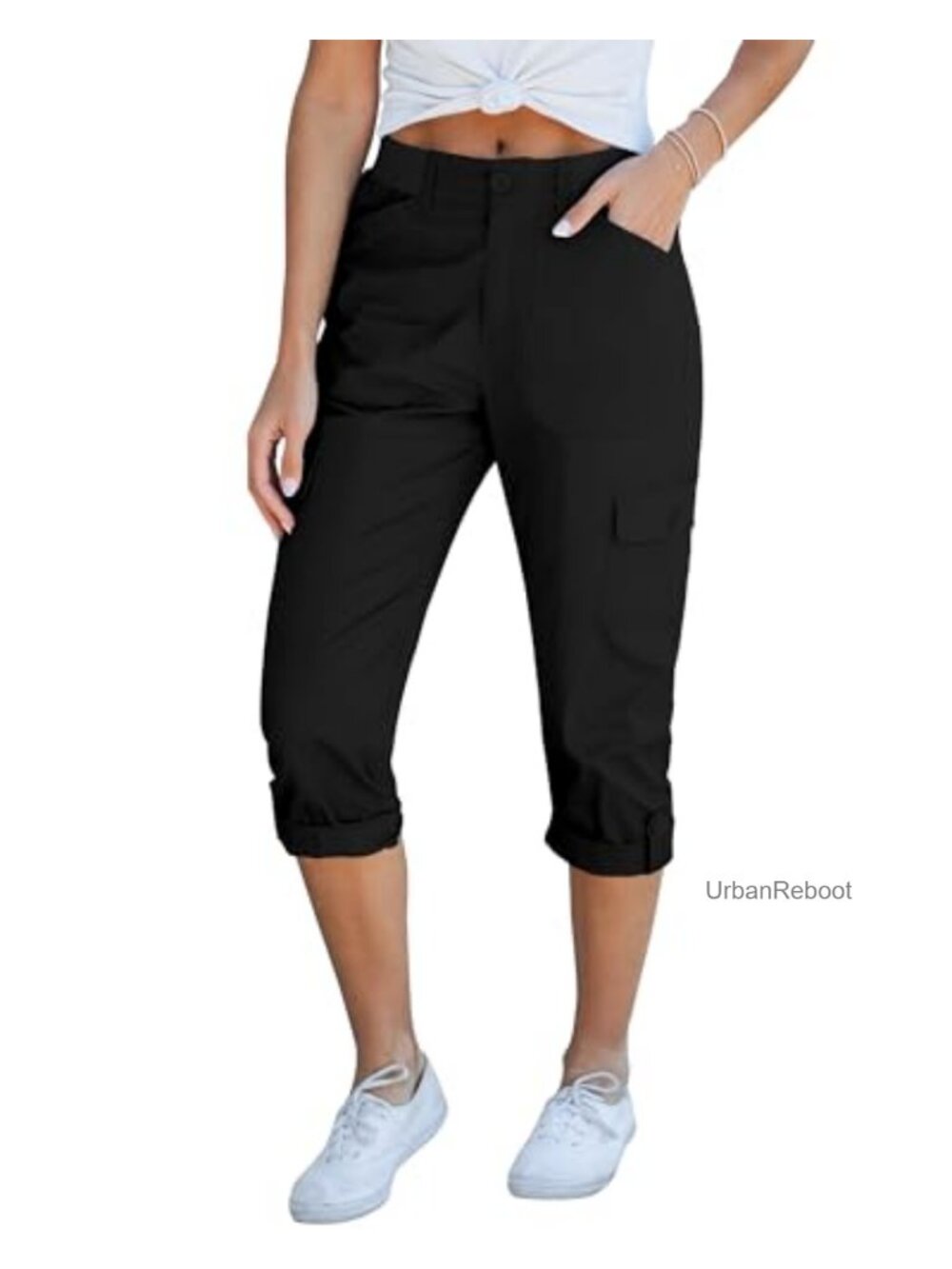 High Waisted Cargo Capri Pants with 6 Pockets, Stretchy Cotton Blend, Relaxed